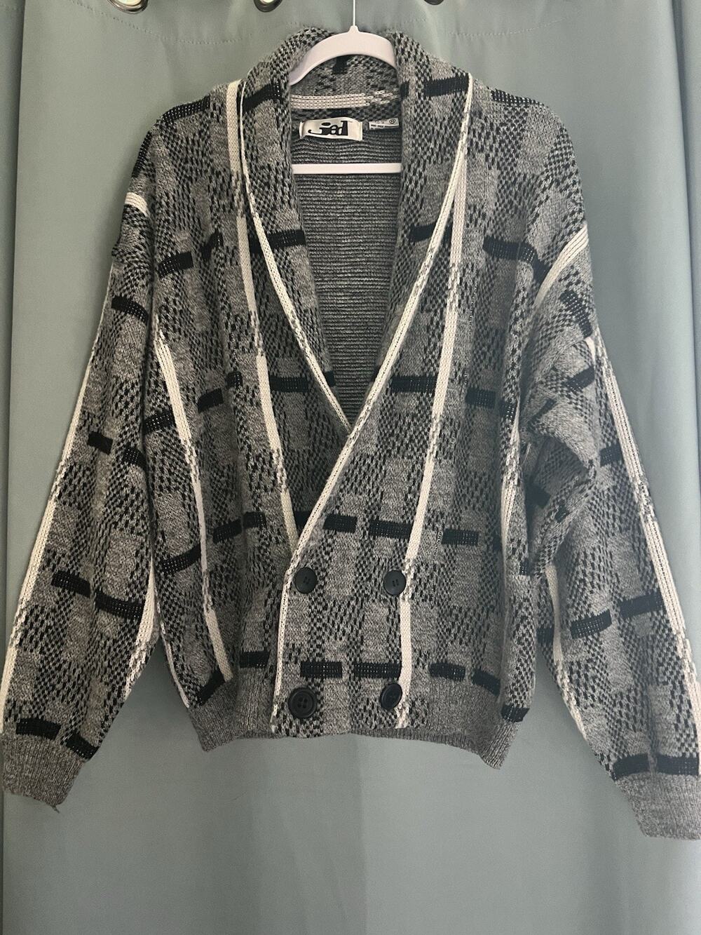 Vintage Jed Plaid Stripe Shawl Sweater Cardigan 80’s Black Gray Grandpacore M